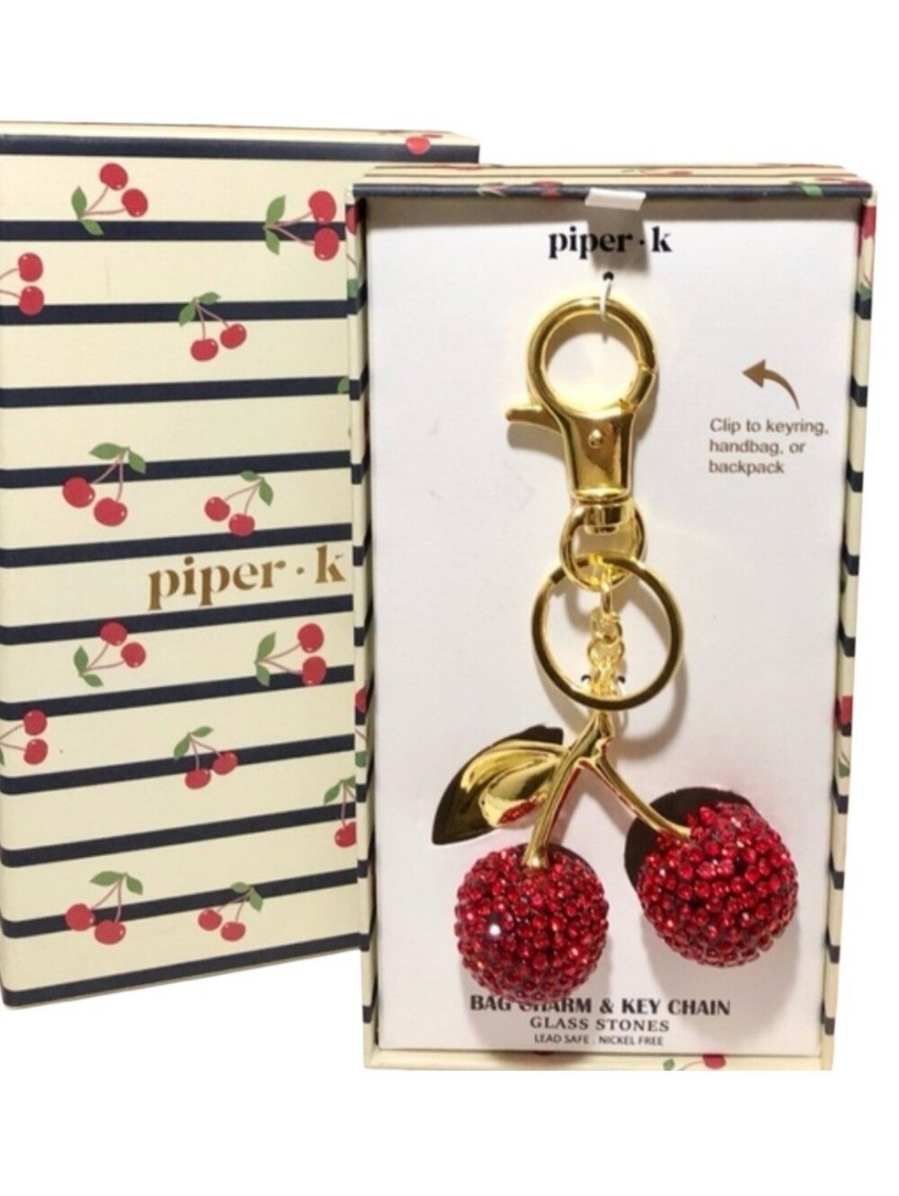 🍒 Piper Statement Piece! Crystal Cherry Keychain/Bag Charm - Gold Hardware.